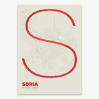 Poster of Soria composed with letters in extra light font printed on red and an off-white background