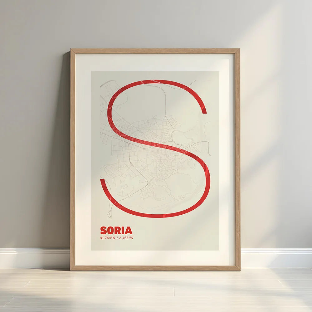 Framed Soria in Ultralight design, a minimalist aesthetic combining urban cartography with modern, extra-thin elegant lettering designed in red and an off-white background with a white margin border in a warm lit minimalist setting