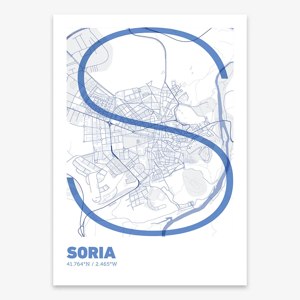 Poster of Soria composed with letters in extra light font printed on navy blue and white