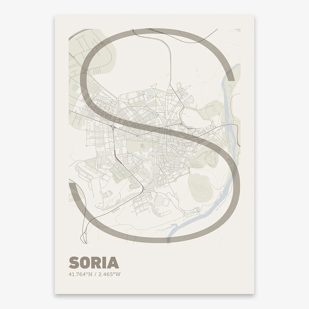 Poster of Soria composed with letters in extra light font printed on light brown and an off-white background