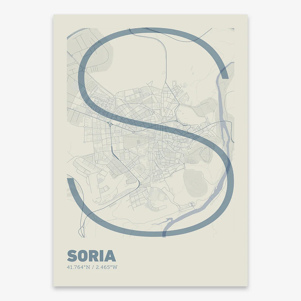 Poster of Soria composed with letters in extra light font printed on bluish gray and an off-white background