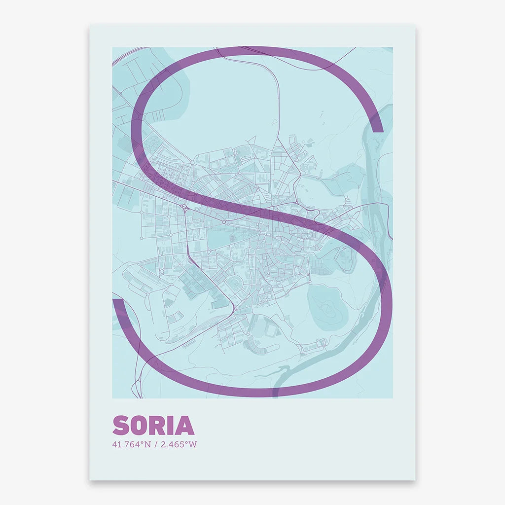 Poster of Soria composed with letters in extra light font printed on purple and light blue