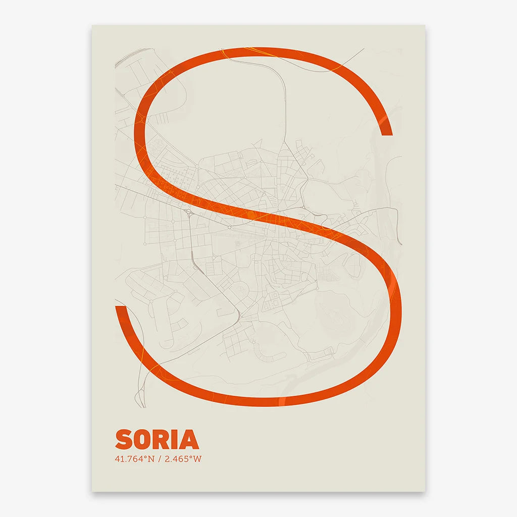 Poster of Soria composed with letters in extra light font printed on orange and an off-white background