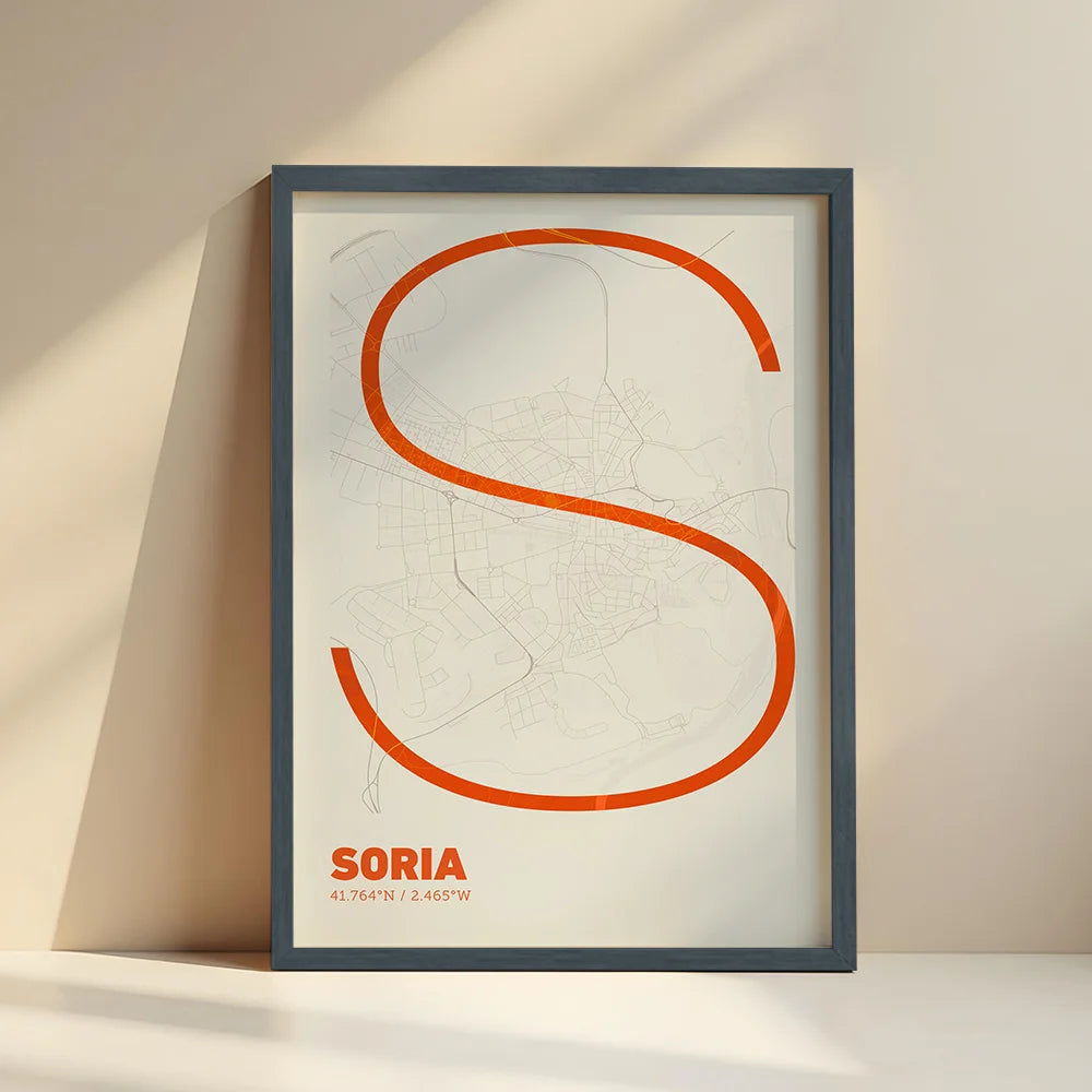 Framed Soria in Ultralight design, a minimalist aesthetic combining urban cartography with modern, extra-thin elegant lettering designed in orange and an off-white background with no border edge-to-edge print leaning against a wall