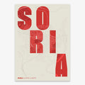 Decorative print of Soria with letters of its name placed randomly, designed in red and an off-white background