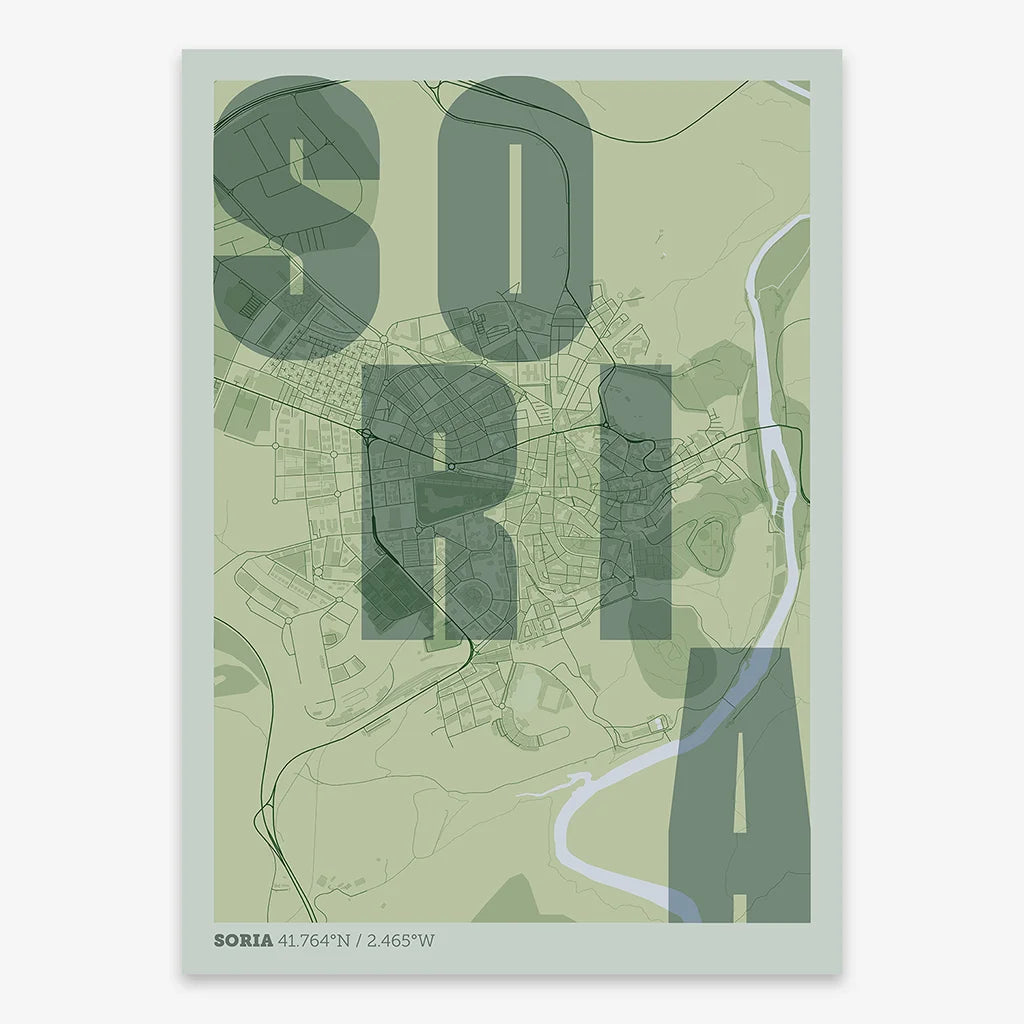 Decorative print of Soria with letters of its name placed randomly, designed in two green tones