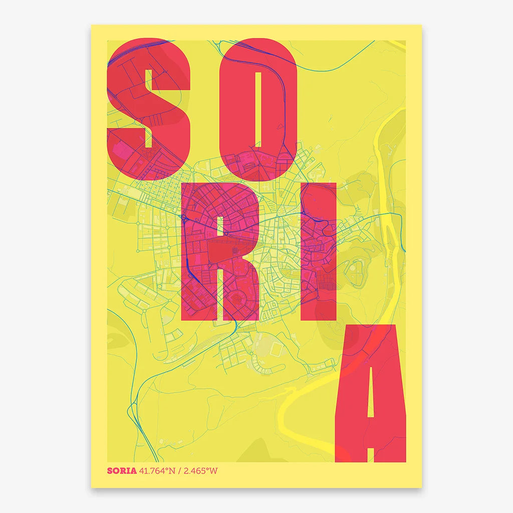 Decorative print of Soria with letters of its name placed randomly, designed in yellow and fuchsia