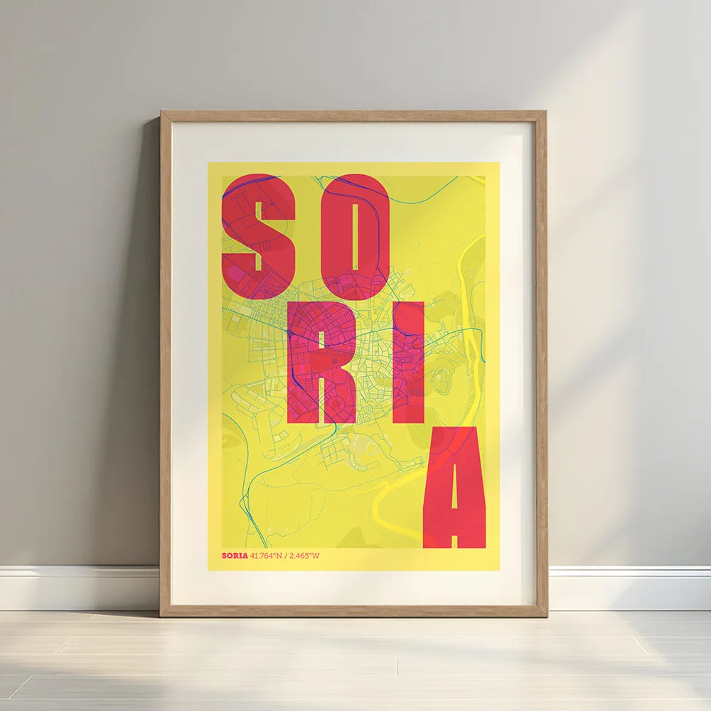 Framed Soria in Unruled design, where the city name letters appear randomly across different lines for a truly original urban layout designed in yellow and fuchsia with a white margin border in a warm lit minimalist setting