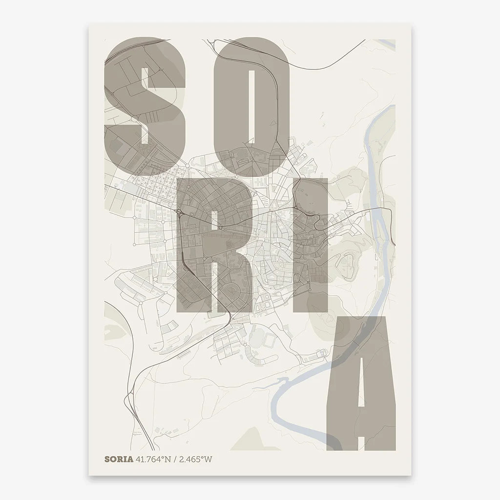 Decorative print of Soria with letters of its name placed randomly, designed in light brown and an off-white background