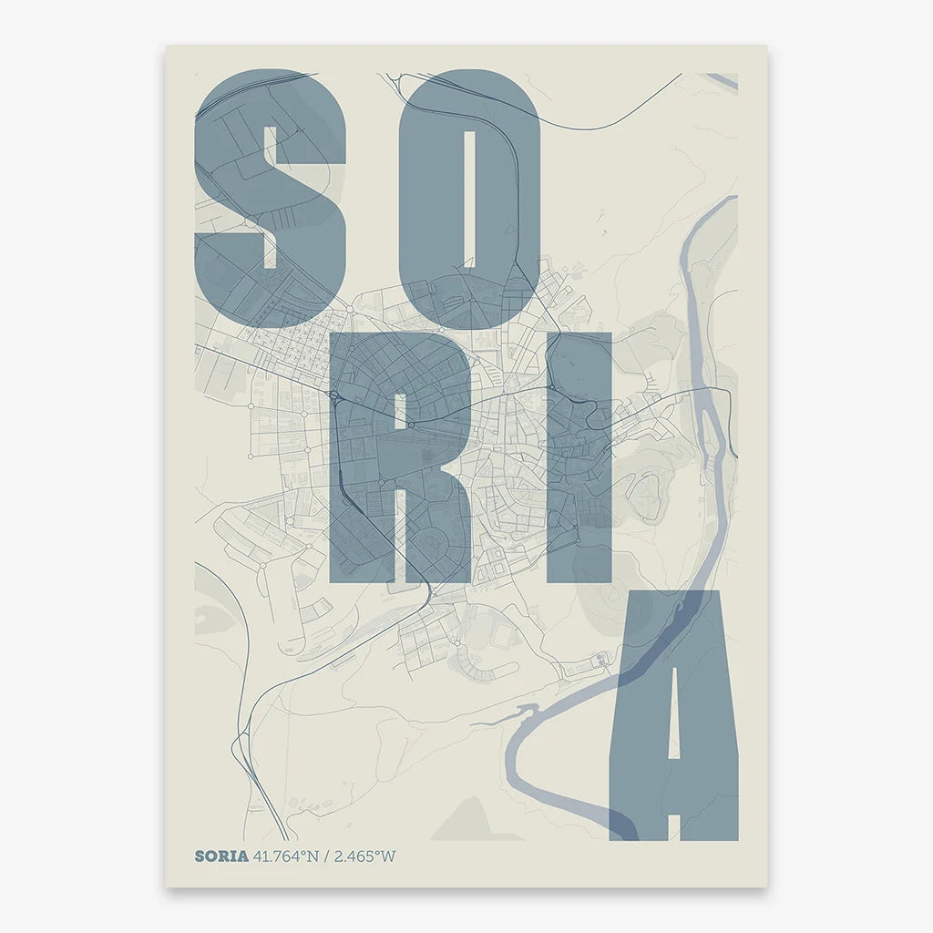 Decorative print of Soria with letters of its name placed randomly, designed in bluish gray and an off-white background