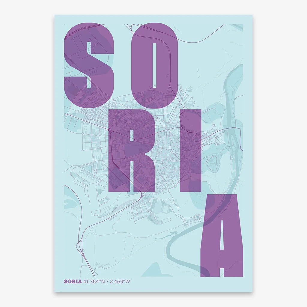 Decorative print of Soria with letters of its name placed randomly, designed in purple and light blue