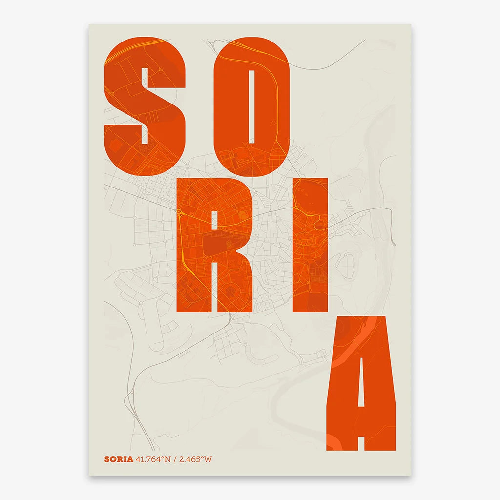 Decorative print of Soria with letters of its name placed randomly, designed in orange and an off-white background