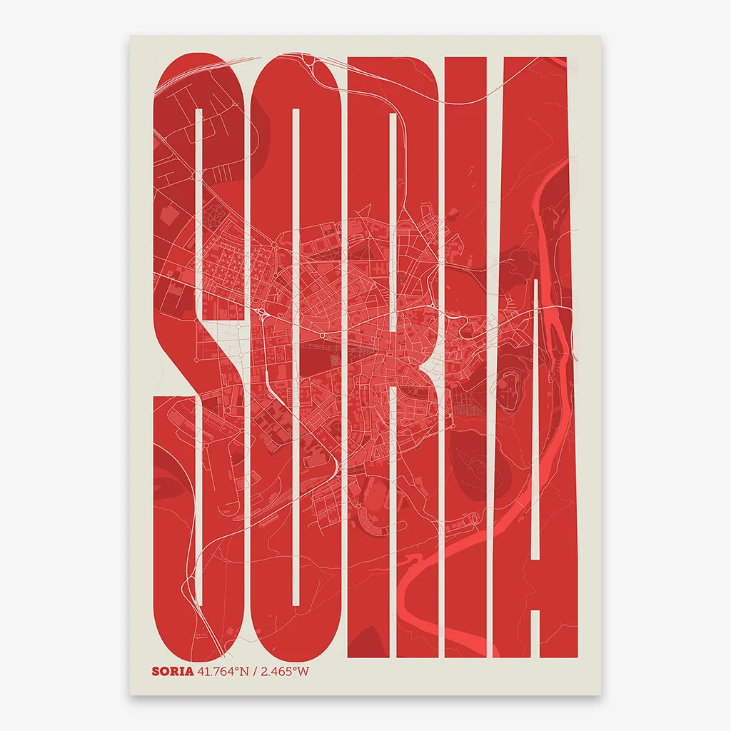 Decorative map of Soria and letters of its name in a giclée print designed in red and an off-white background