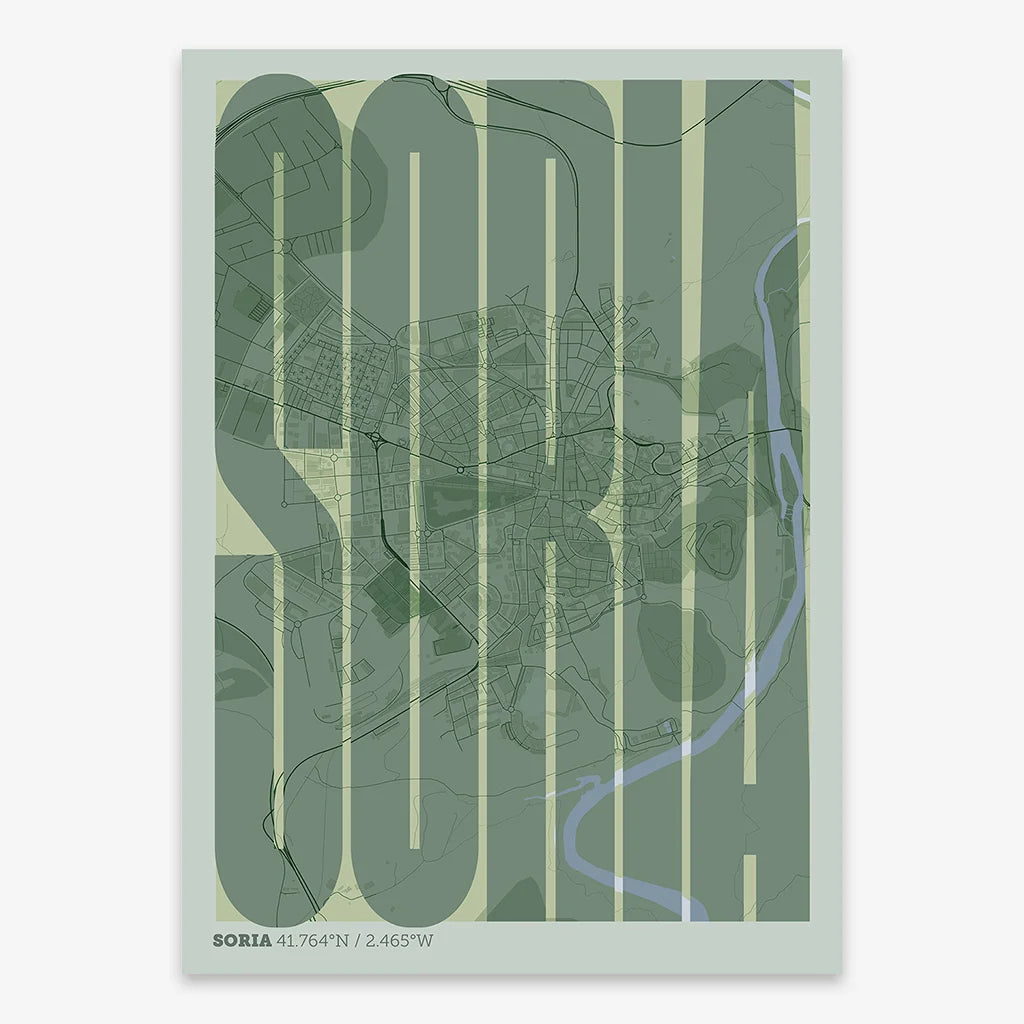 Decorative map of Soria and letters of its name in a giclée print designed in two green tones