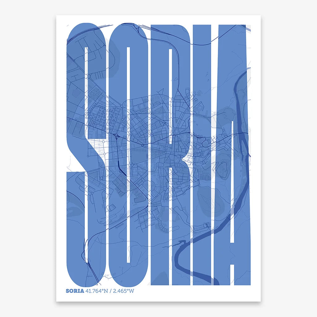 Decorative map of Soria and letters of its name in a giclée print designed in navy blue and white