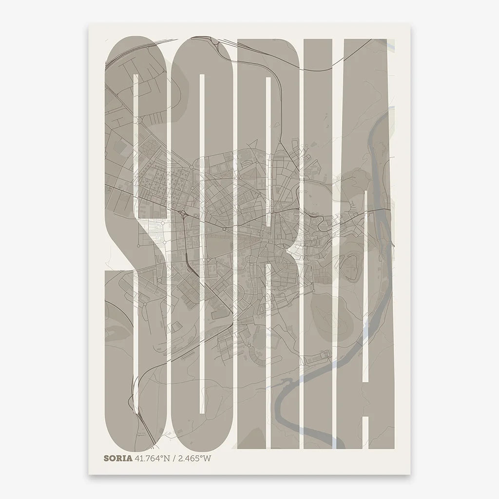 Decorative map of Soria and letters of its name in a giclée print designed in light brown and an off-white background