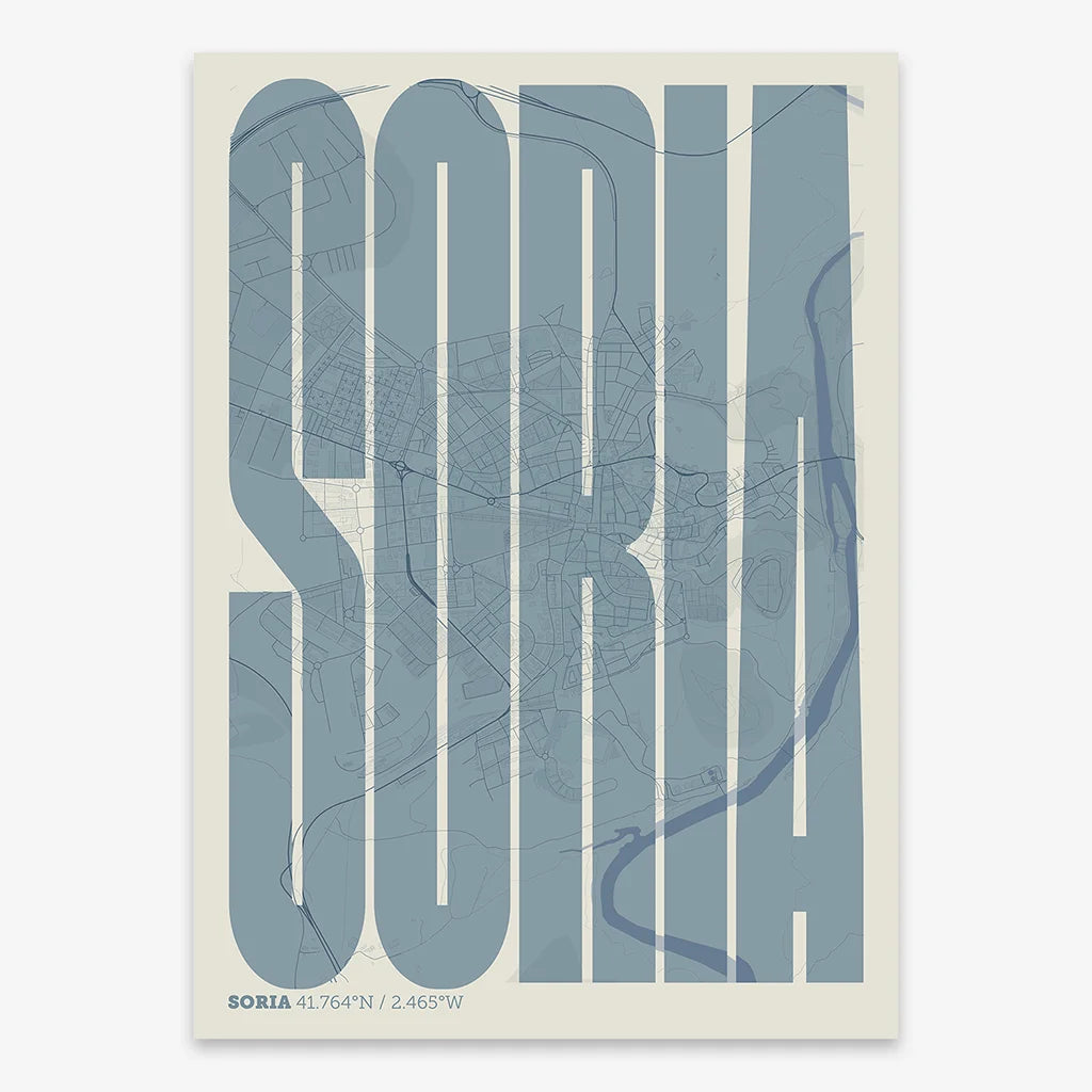 Decorative map of Soria and letters of its name in a giclée print designed in bluish gray and an off-white background