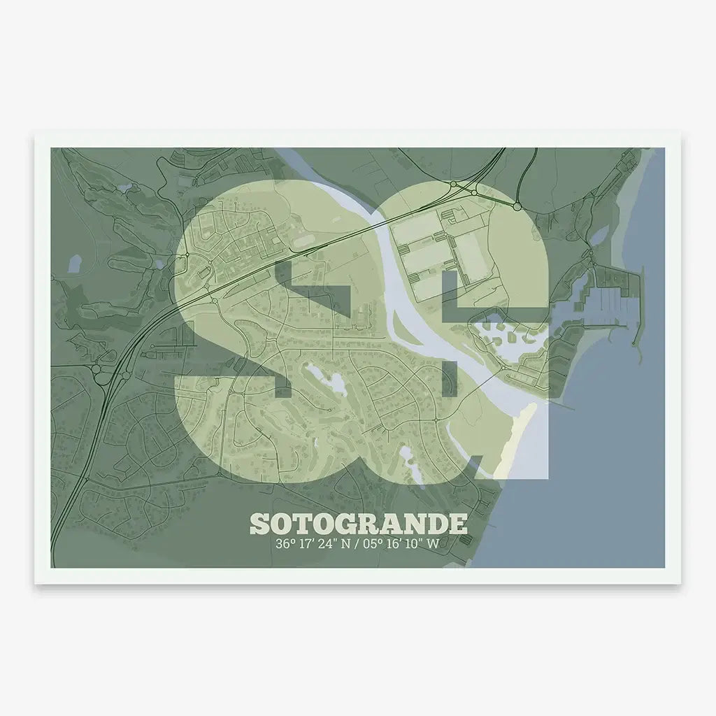 The map of Sotogrande in Super Bold design, a typographic poster where the city map is overlaid with extra-thick lettering for a modern, high-impact look designed in two green tones