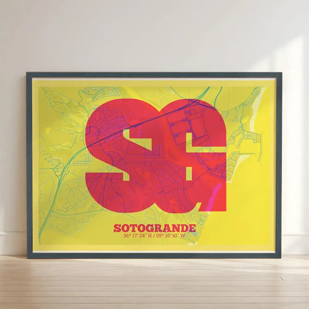Framed Sotogrande in Super Bold design, a typographic poster where the city map is overlaid with extra-thick lettering for a modern, high-impact look designed in yellow and fuchsia with no border edge-to-edge print leaning against a wall