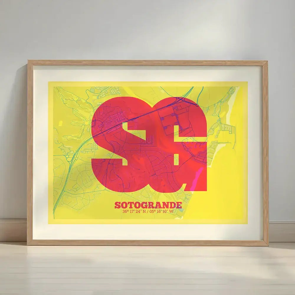 Framed Sotogrande in Super Bold design, a typographic poster where the city map is overlaid with extra-thick lettering for a modern, high-impact look designed in yellow and fuchsia with a white margin border in a warm lit minimalist setting