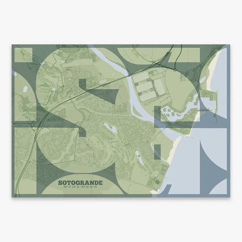 The map of Sotogrande in Inseparable design, featuring the city's abbreviation in expressive typography over a detailed urban map designed in two green tones