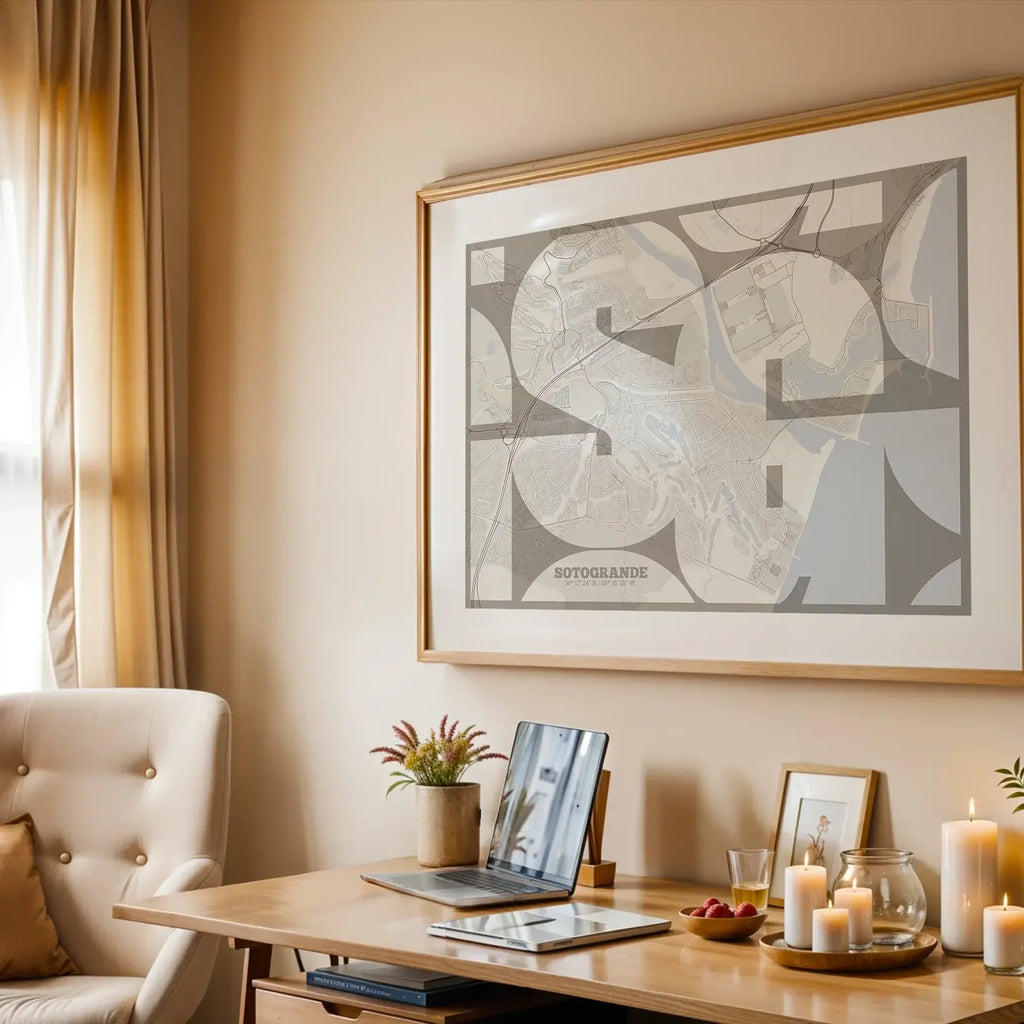 Modern interior design with a Sotogrande in Inseparable design, featuring the city's abbreviation in expressive typography over a detailed urban map designed in light brown and an off-white background, displayed on a living room wall