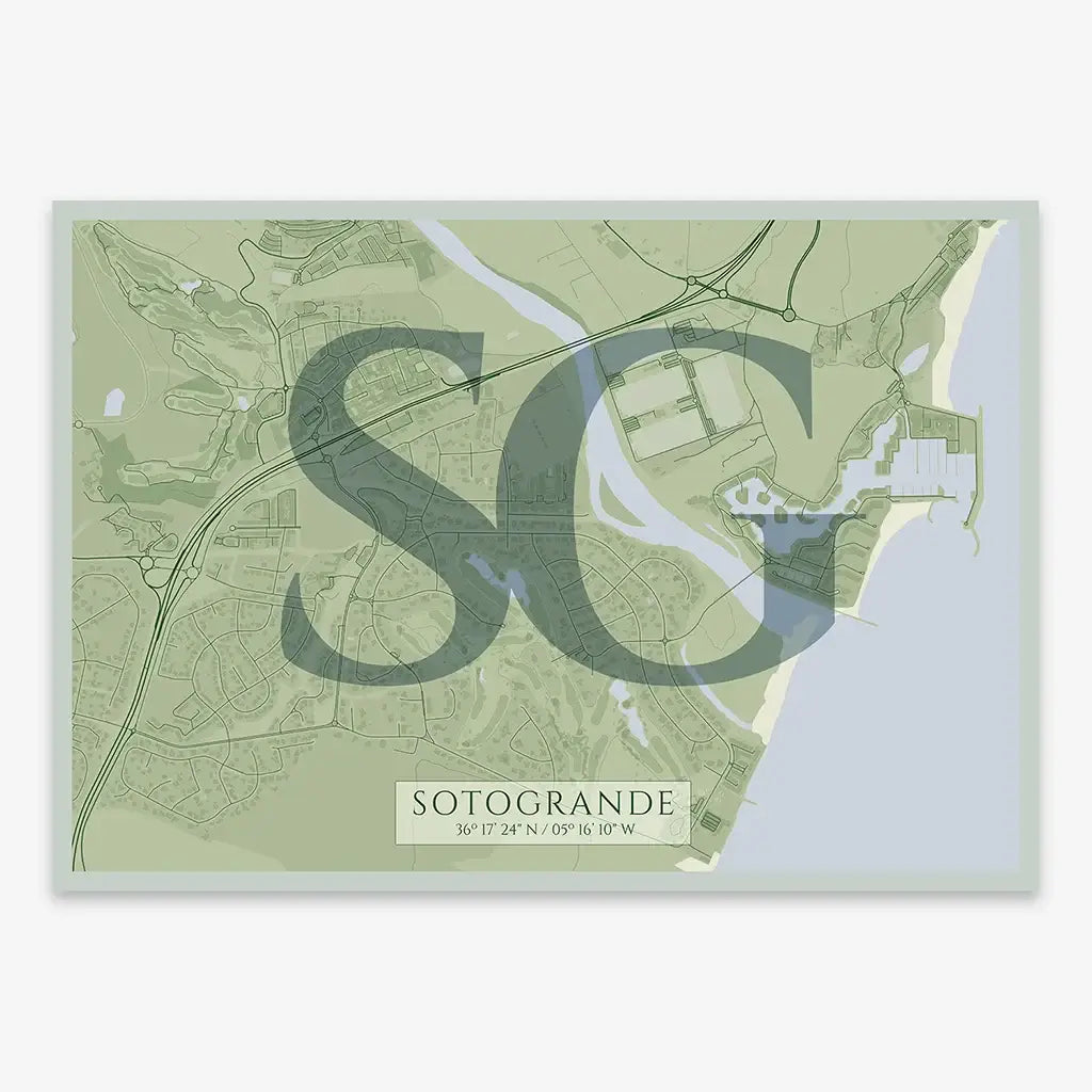 The map of Sotogrande in Classic design, inspired by chiseled typography with an elegant font that creates a beautiful visual contrast designed in two green tones
