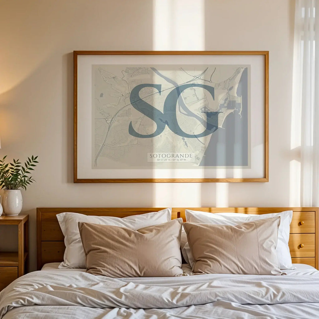 Modern interior design with a Sotogrande in Classic design, inspired by chiseled typography with an elegant font that creates a beautiful visual contrast designed in bluish gray and an off-white background, displayed on a living room wall