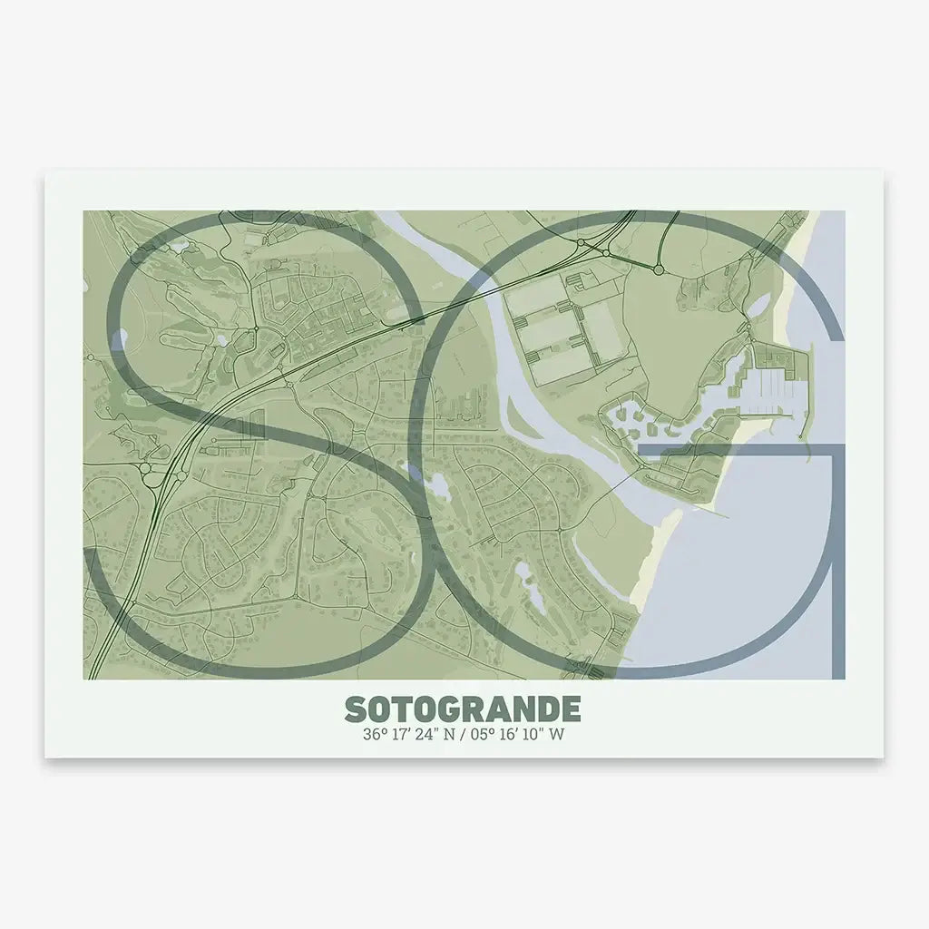 The map of Sotogrande in Ultralight design, a minimalist aesthetic combining urban cartography with modern, extra-thin elegant lettering designed in two green tones