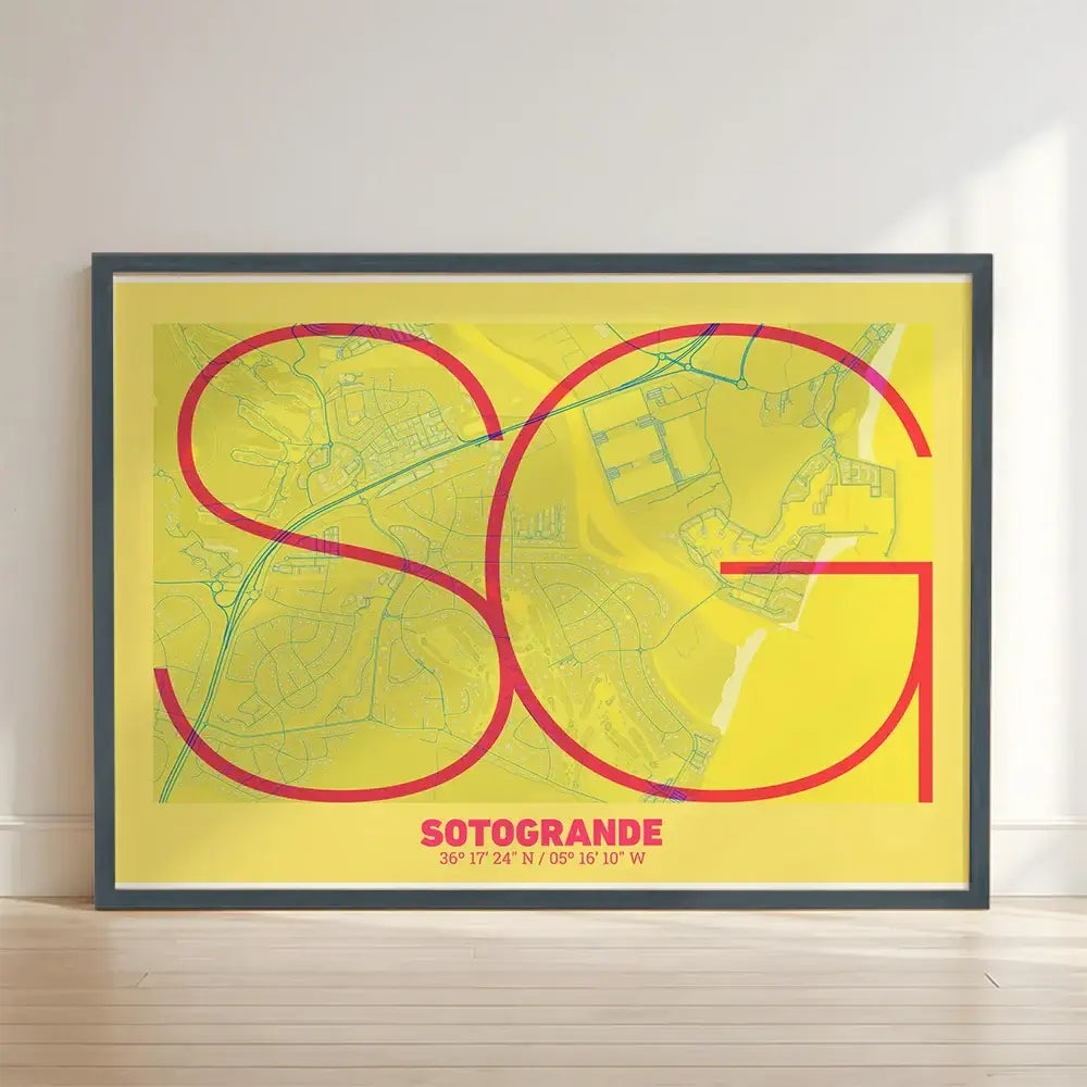 Framed Sotogrande in Ultralight design, a minimalist aesthetic combining urban cartography with modern, extra-thin elegant lettering designed in yellow and fuchsia with no border edge-to-edge print leaning against a wall