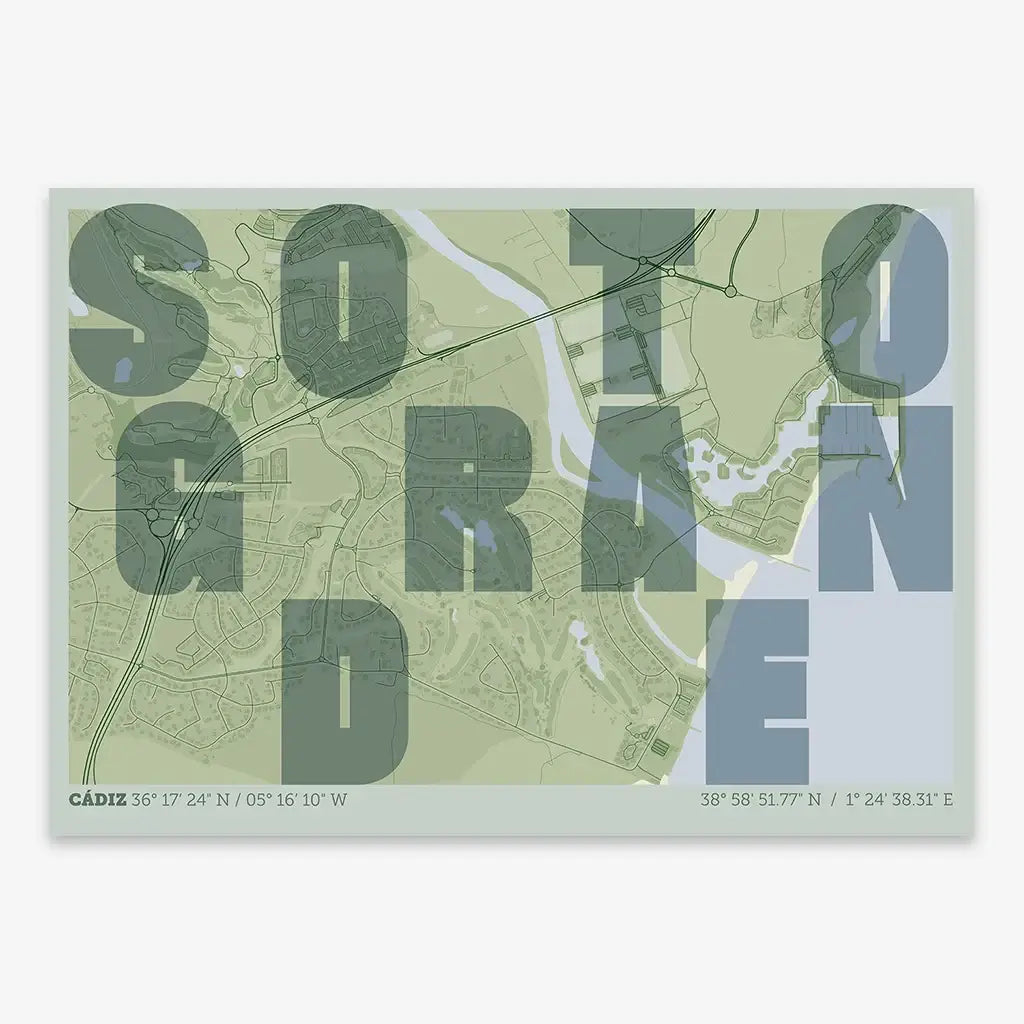 The map of Sotogrande in Unruled design, where the city name letters appear randomly across different lines for a truly original urban layout designed in two green tones
