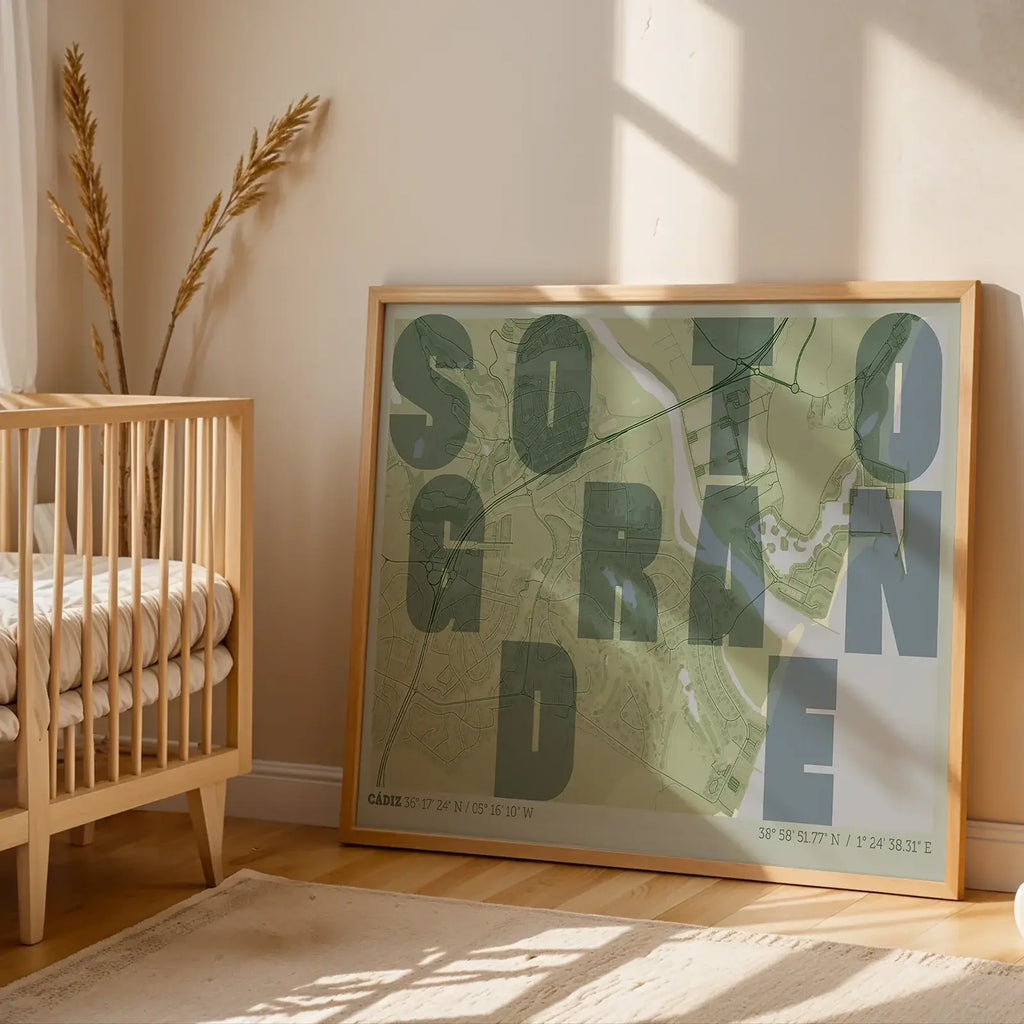Modern interior design with a Sotogrande in Unruled design, where the city name letters appear randomly across different lines for a truly original urban layout designed in two green tones, displayed on a living room wall