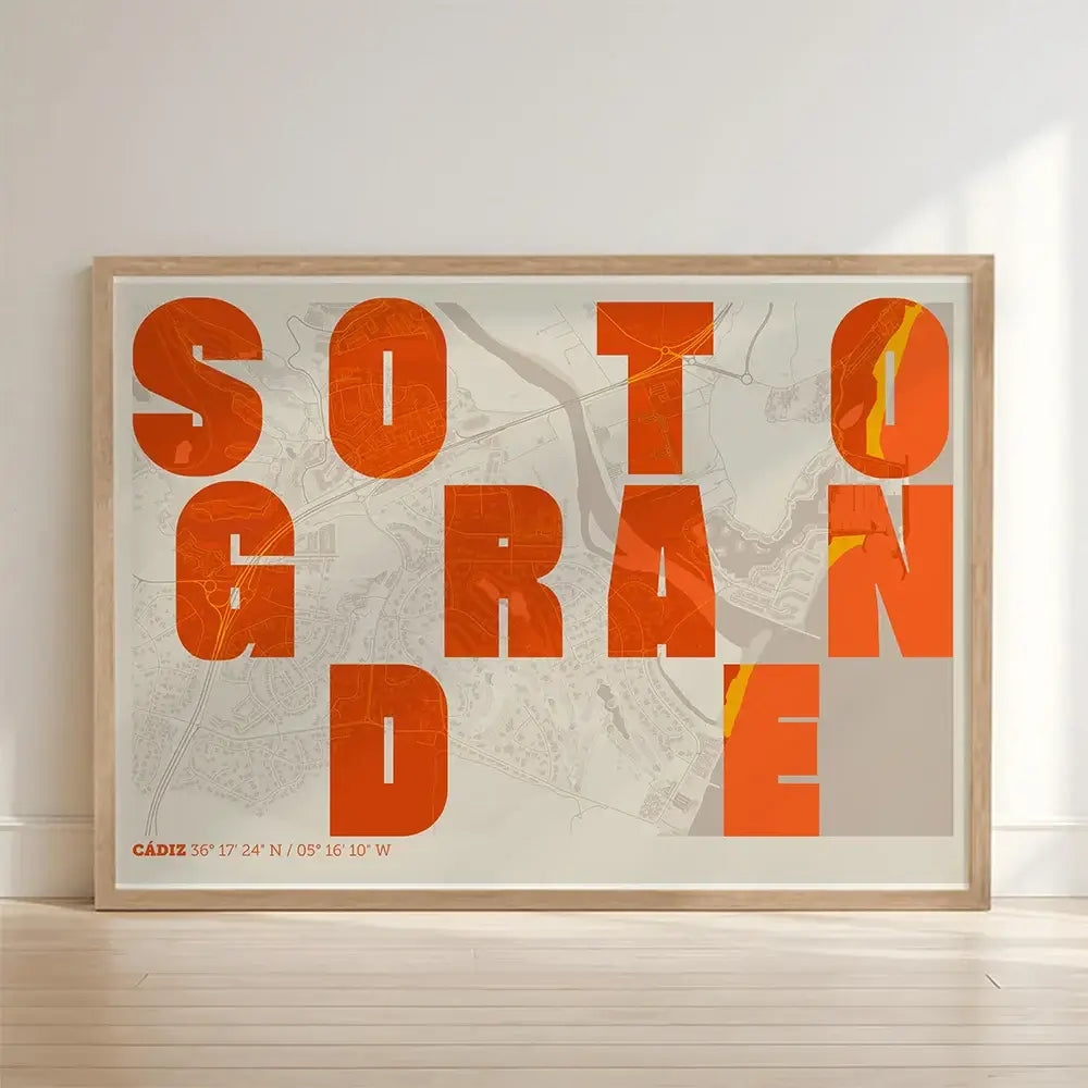 Framed Sotogrande in Unruled design, where the city name letters appear randomly across different lines for a truly original urban layout designed in orange and an off-white background with no border edge-to-edge print leaning against a wall