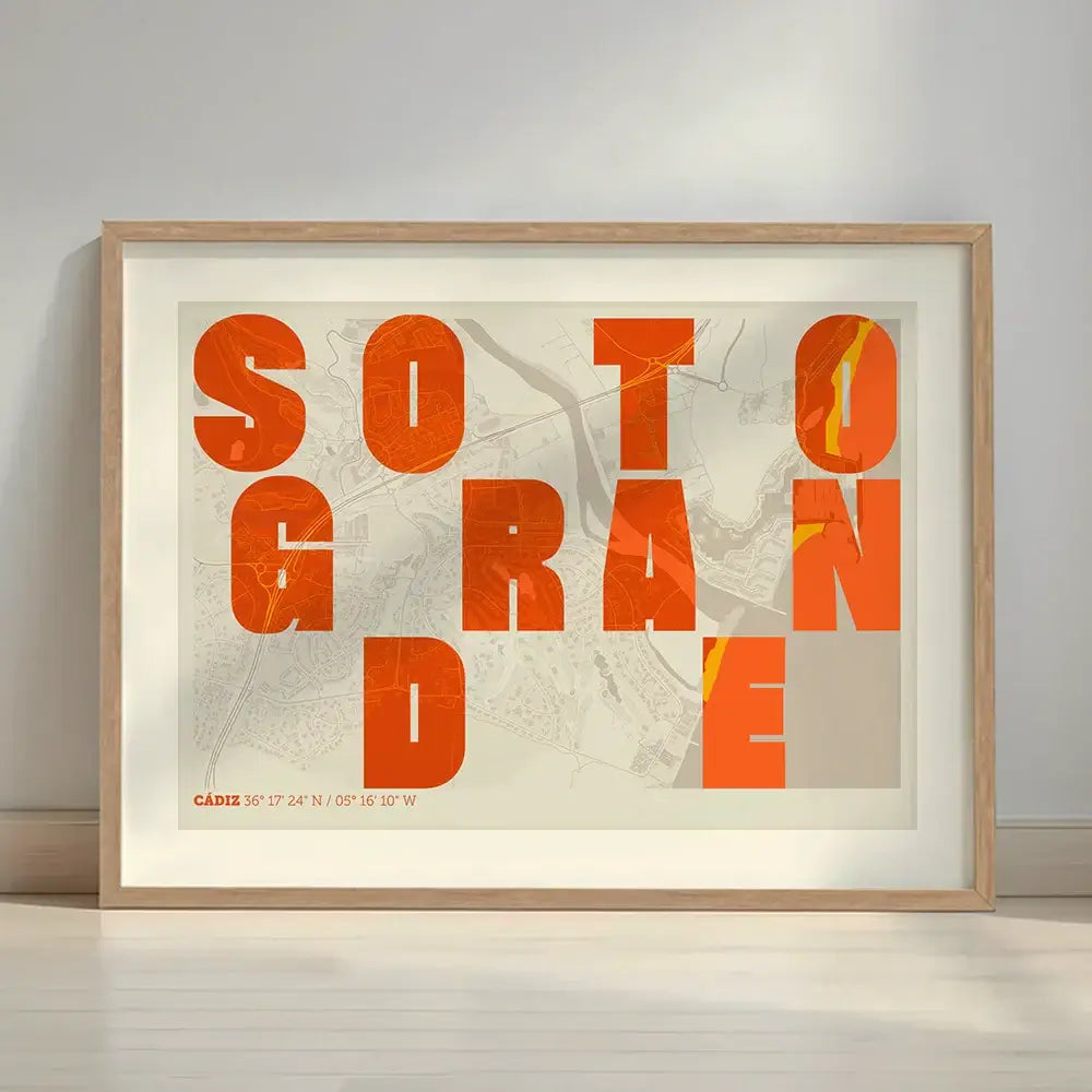 Framed Sotogrande in Unruled design, where the city name letters appear randomly across different lines for a truly original urban layout designed in orange and an off-white background with a white margin border in a warm lit minimalist setting