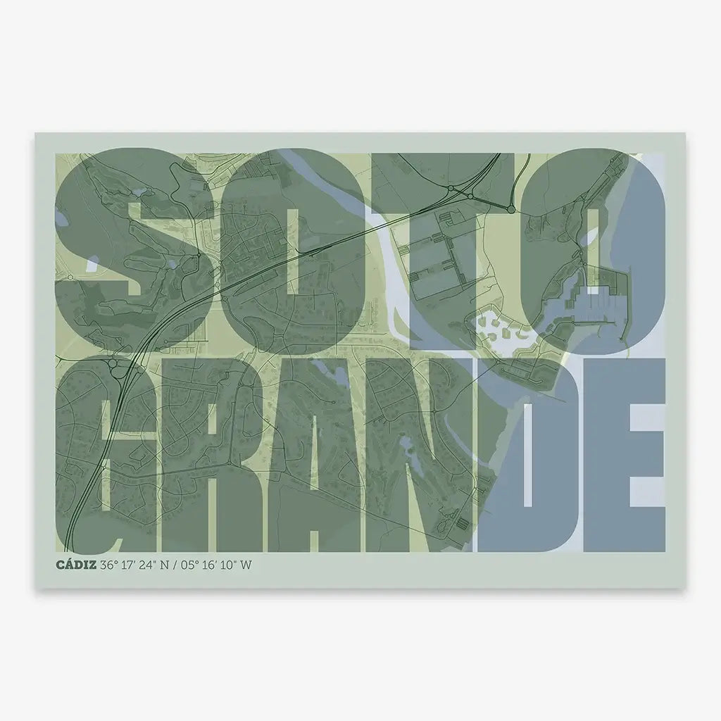The map of Sotogrande in Extra Compressed design, where the letters are tightly squeezed to fit the city's map shape designed in two green tones