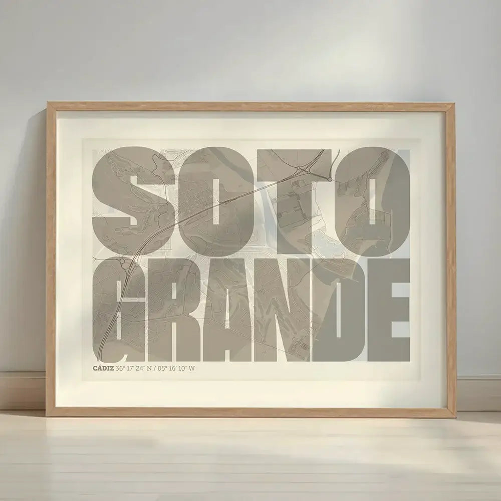 Framed Sotogrande in Extra Compressed design, where the letters are tightly squeezed to fit the city's map shape designed in light brown and an off-white background with a white margin border in a warm lit minimalist setting