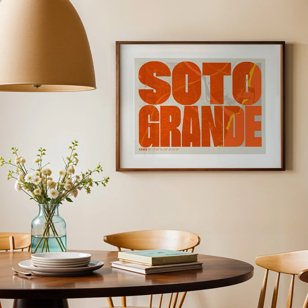 Modern interior design with a Sotogrande in Extra Compressed design, where the letters are tightly squeezed to fit the city's map shape designed in orange and an off-white background, displayed on a living room wall