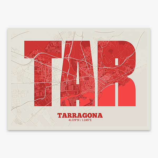 Decorative print of Tarragona composed with letters in a heavy geometric font printed on red and an off-white background