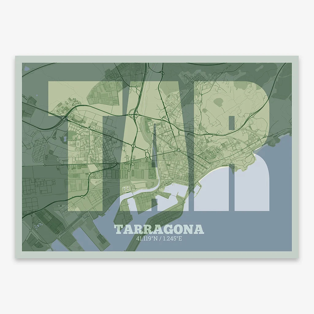 Decorative print of Tarragona composed with letters in a heavy geometric font printed on two green tones