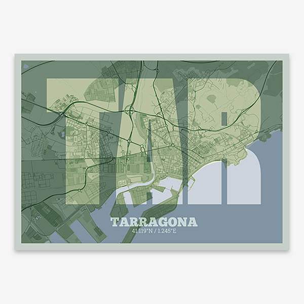 Decorative print of Tarragona composed with letters in a heavy geometric font printed on two green tones