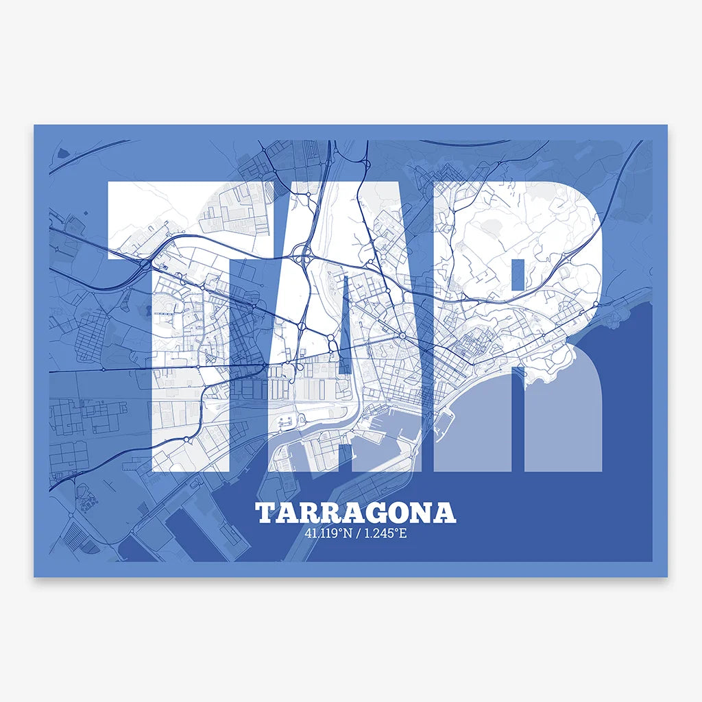 Decorative print of Tarragona composed with letters in a heavy geometric font printed on navy blue and white