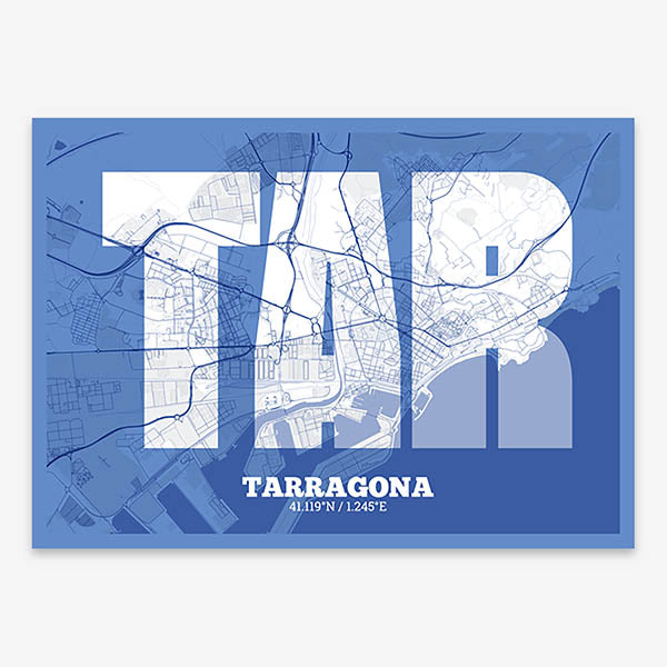 Decorative print of Tarragona composed with letters in a heavy geometric font printed on navy blue and white