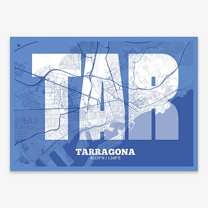 Decorative print of Tarragona composed with letters in a heavy geometric font printed on navy blue and white