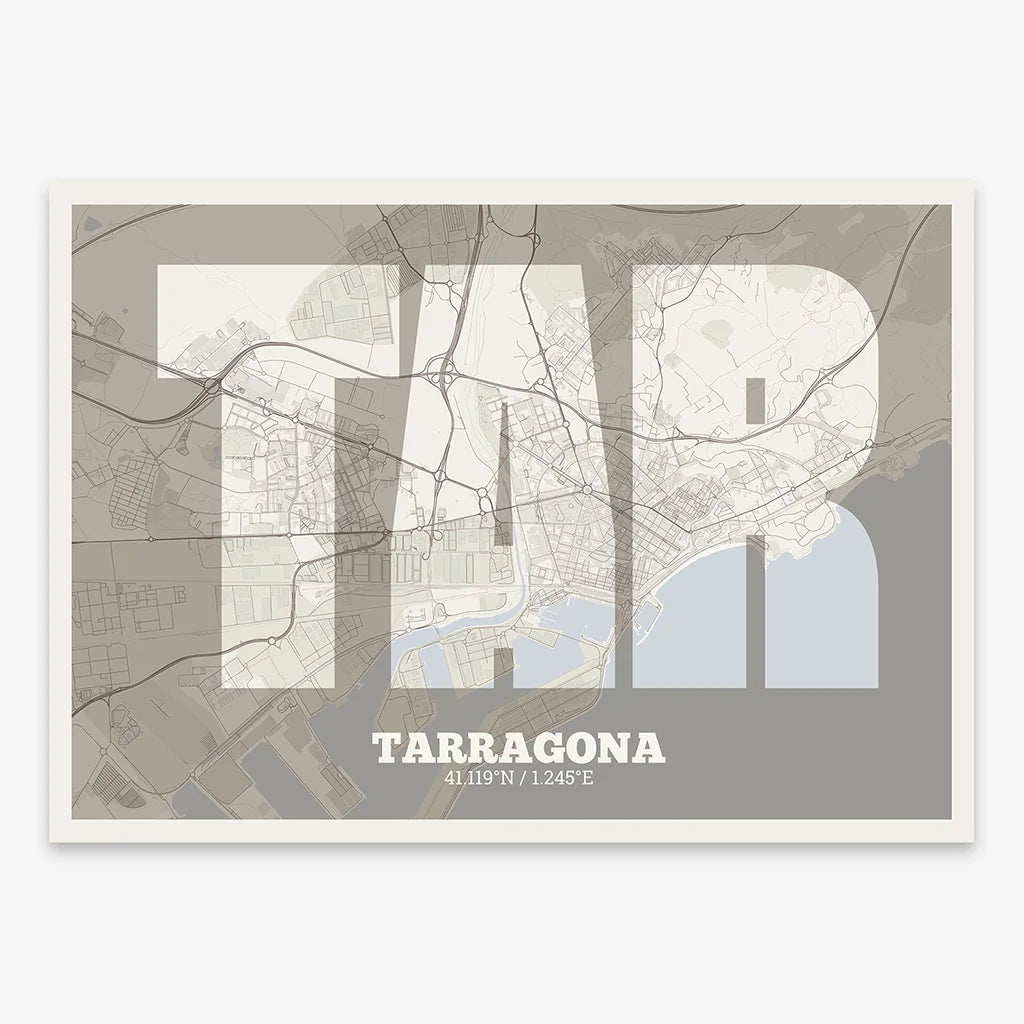 Decorative print of Tarragona composed with letters in a heavy geometric font printed on light brown and an off-white background