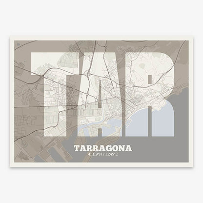Decorative print of Tarragona composed with letters in a heavy geometric font printed on light brown and an off-white background