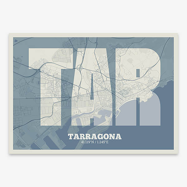 Decorative print of Tarragona composed with letters in a heavy geometric font printed on bluish gray and an off-white background