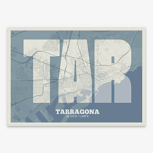 Decorative print of Tarragona composed with letters in a heavy geometric font printed on bluish gray and an off-white background