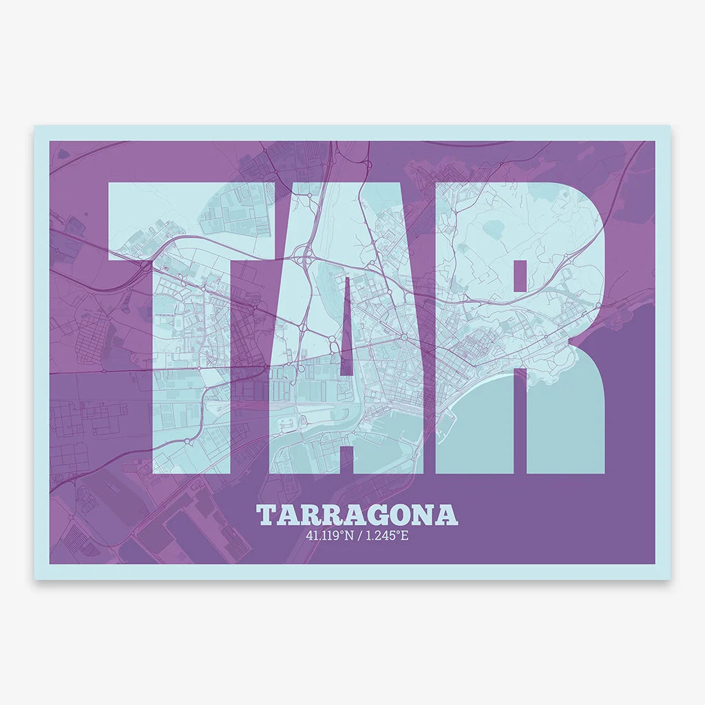 Decorative print of Tarragona composed with letters in a heavy geometric font printed on purple and light blue