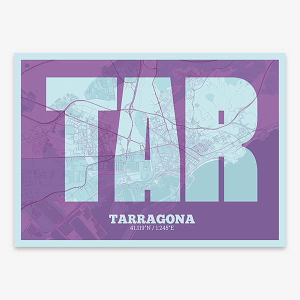Decorative print of Tarragona composed with letters in a heavy geometric font printed on purple and light blue