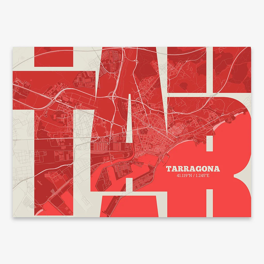 Poster of Tarragona composed with letters from its abbreviation or its airport IATA code printed on red and an off-white background